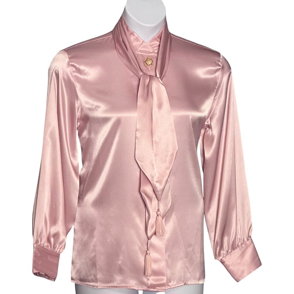 Vintage 80s Pink Satin Blouse Hawksley & Wight Chic Scarf Tie Tassel Neck Sz 10